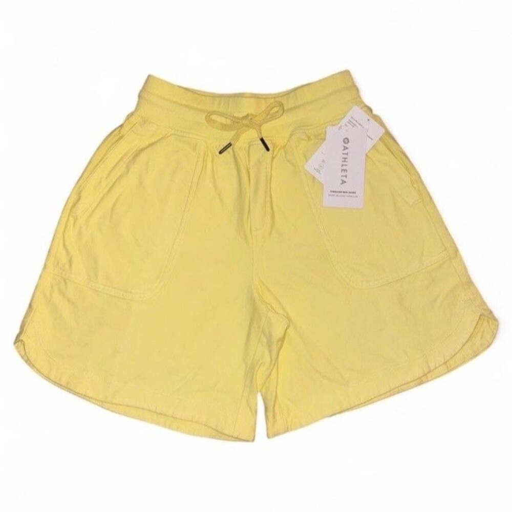 Athleta Butter Yellow Knit Cotton Drawstring Athletic Shorts Pockets XS NWT